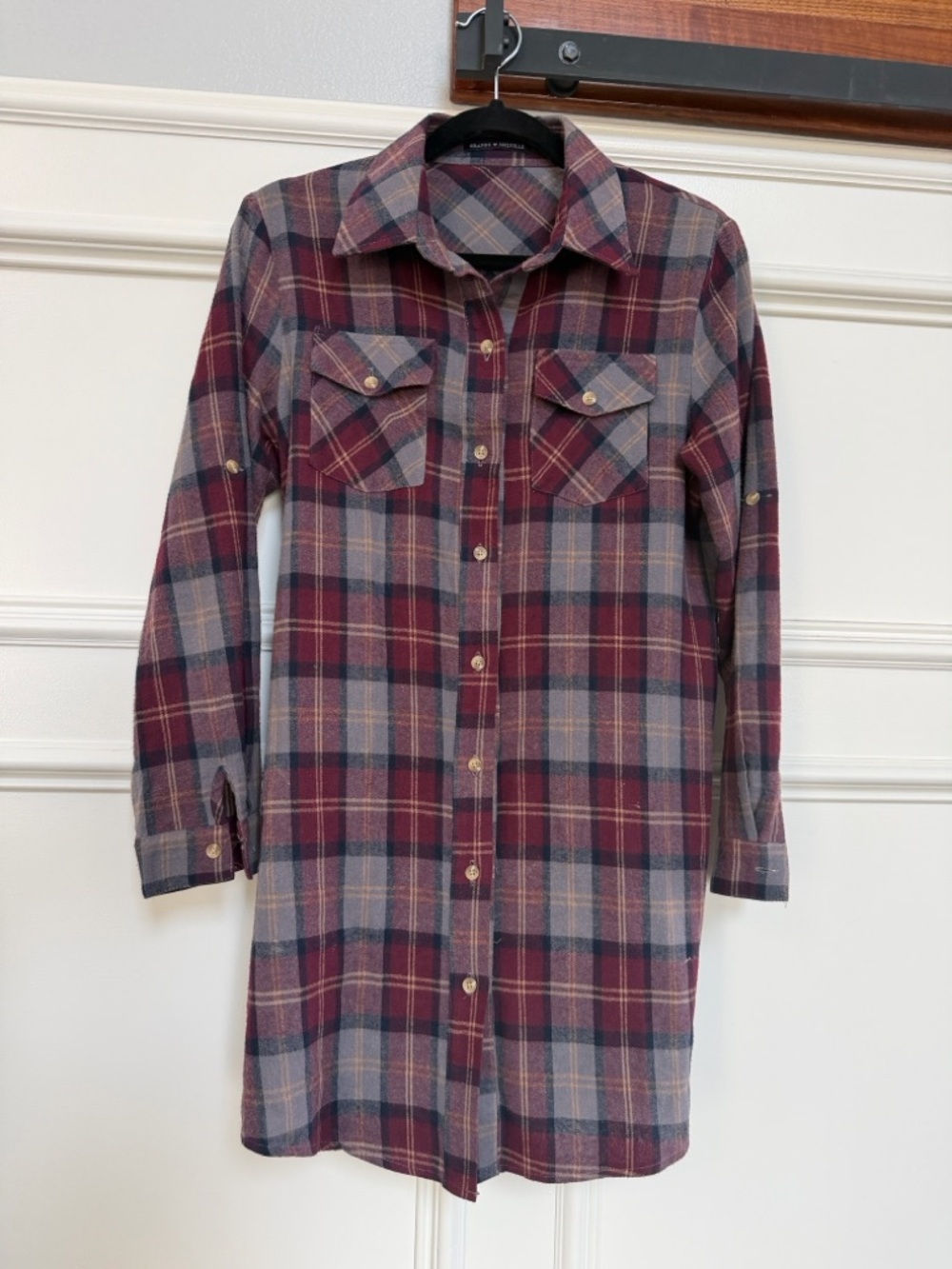 Brandy Melville Burgundy and Gray Plaid Button-Down Shirt Dress. 3/4 sleeve